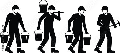 Black and white silhouette of construction workers carrying buckets, featuring industrial labor, manual work, building site crew, and minimalist contractor illustrations.