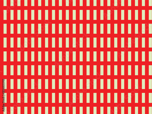 This abstract image displays a minimalist geometric pattern set against a solid red background. Rows and columns of small, light-colored vertical rectangles form a tight, repetitive grid across 