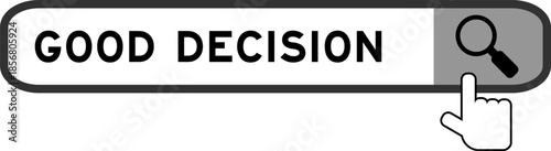 Search banner in word good decision with hand over magnifier icon on white background