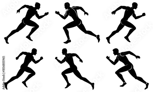 Six black silhouette runners in dynamic sprinting positions on white background running
