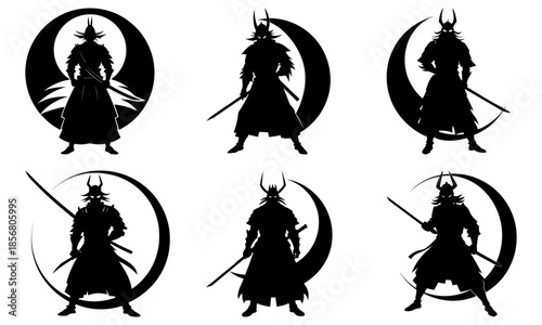 Samurai Warrior Silhouettes with Moon Backgrounds in Black and White