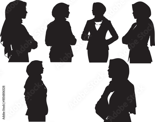 Black vector silhouettes of a businesswoman and diverse family groups, including a mother, father, and child walking together as a professional person meets people for a business illustration