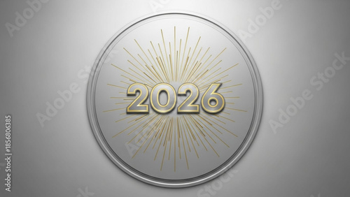 Shiny silver coin with gold lines and 2026 year text on gray background