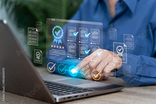 ISO Quality Assurance, Compliance Management Concept, Businesswoman Approving Digital Quality Control Standards, Trust, Certification, Workflow Verification, Process Audit, Modern Quality Management