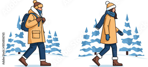 Couple walking in snowy winter forest, wearing warm clothes, scarf, hat, boots, enjoying cold weather outdoor travel, holiday season illustration