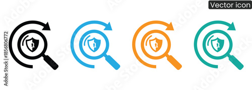 Four security icons with magnifying glass and shield in black, blue, orange, and teal colors, representing protection, safety, and investigation