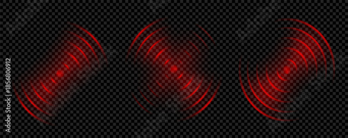 Red circle wave effect for target wifi to detect. Pain scan alarm icon. Neon light pulse waveform sign for hunting and shoot. Concentric radial ripple. Thermal glow sonar focus hud technology