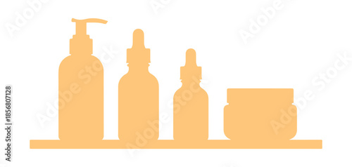 Fascial and skin care, concept for beauty products. Vector flat modern illustration. A set of assorted colorful makeup bottles arranged on a horizontal shelf, set against a white background.