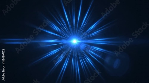 Abstract center glow animation with blue starburst light, soft optical flare and rotating rays, minimal black background, perfect for projection overlay, seamless loop