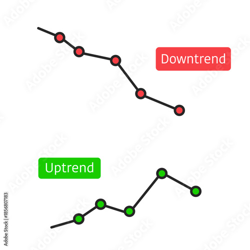 Wallpaper Mural A visual comparison between bearish downtrend and bullish uptrend lines with red and green indicators for financial market analysis . Financial trading tools concept. Torontodigital.ca