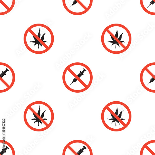 Cannabis and hard drugs in red stop circles, seamless pattern. Ban and refusal of unhealthy lifestyle. Forbidden and restriction signs, texture, wallpaper template