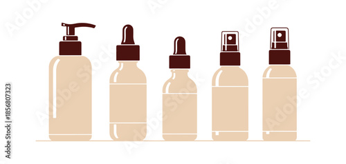 Fascial and skin care, beauty product idea. A flat modern vector illustration. A range of different colorful makeup bottles displayed on a horizontal shelf, isolated on a white backdrop