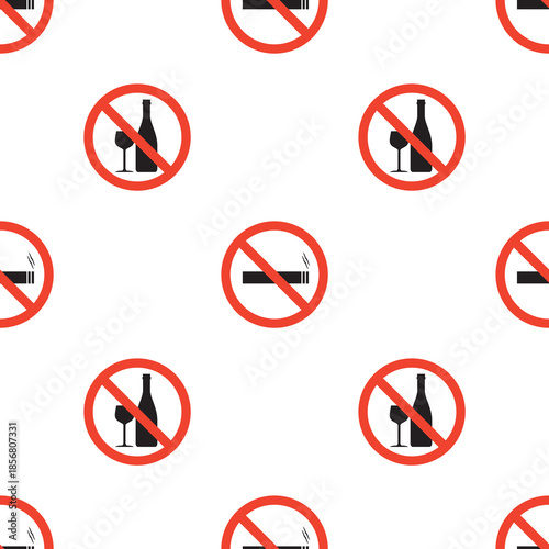 Alcohol and tobacco in red stop circles, seamless pattern. Ban and refusal of unhealthy lifestyle. Forbidden and restriction sign, texture, wallpaper template. Stop addiction from alcohol.