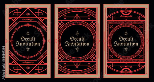 Occult style invitation with ancient vintage elements. Sacred geometry border and frame. Vector illustration. EPS 10	