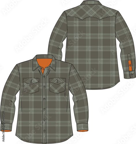 Mens casual long sleeve plaid flannel shirt vector, green checkered button down front and back view