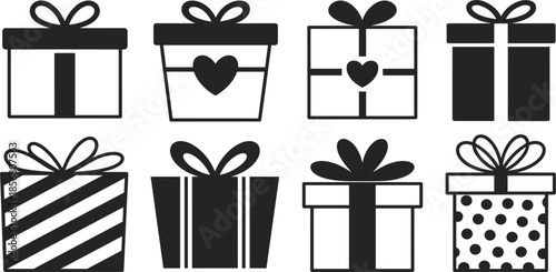 Black and white gift box icon set: with hearts and patterns for holiday celebration vector