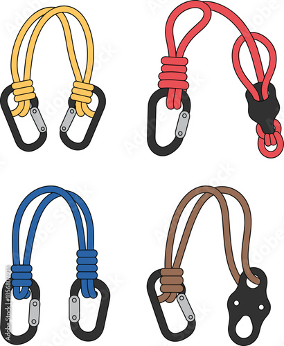 Professional climbing gear set: including colorful safety ropes with metal carabiners and climbing equipment vector illustration