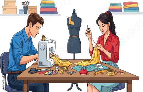 Creative fashion designers sewing clothes, tailoring fabric, using sewing machine, handmade garment, workshop studio, teamwork, clothing design, textile craft illustration