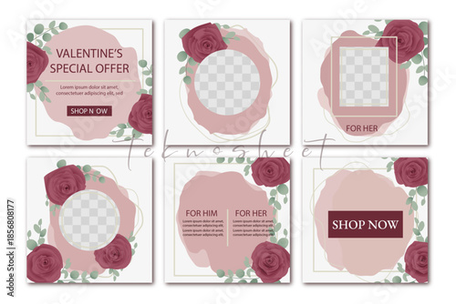 Valentine Social Media Kit, Romantic for Him and Her Marketing Web Banner with Red Roses and Organic Shapes.