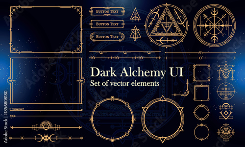 Set of Dark Fantasy Elements for user interface, poster, video. Alchemy magic HUD. Template for rpg game interface. Vector Illustration EPS10