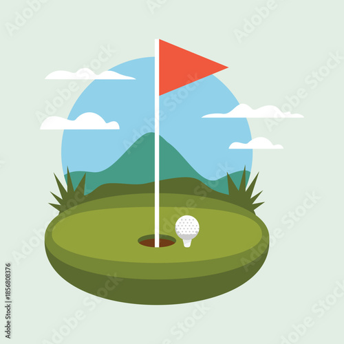 Golf course with golf ball and hole landscape golfing sport training equipment game competition outdoors professional course vector