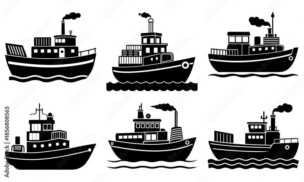 Obraz premium Six Black and White Tugboats on Wavy Water with Transparent Background waves