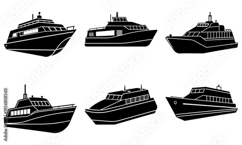 Six Black and White Boat Silhouettes on Transparent Background 1