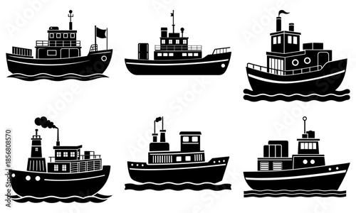 Six Black Tugboats on Wavy Water with Transparent Background ship waves