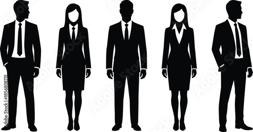 Set of standing business people silhouettes with white faces, vector illustration of corporate men and women in suits, isolated on white background.