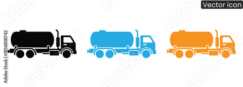 Vibrant tanker trucks in black, blue, and orange on a clean white background, perfect for logistics and transportation concepts