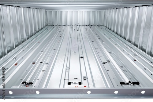 Empty cargo container interior with light-gray aluminum frame grid on white for industrial storage background