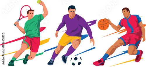 Professional athletes set with tennis, soccer and basketball players, sports activity and competition vector illustration