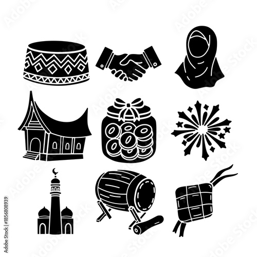 Solid Black Ramadan and Eid Glyph Icon Set. Minimalist silhouette vector collection of Mosque, Ketupat, and Islamic elements.