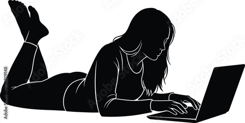 Flat vector silhouette person using laptop lying down, relaxed posture, digital engagement, remote work concept, black illustration, casual tech scene