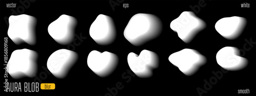 Gradient shape blur with abstract aura and color form. Y2k aesthetic fade silhouette. Blurry mesh effect, soft fluid grunge graphic on black. Vector transparent isolated geometric design set