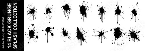 Drops and sprays of ink. Black paint splatters. Blotter spots, liquid paint drip drop splash and ink splatter. Artistic dirty grunge abstract spot vector set.