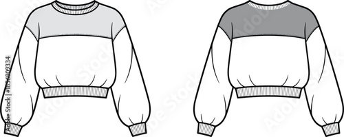 Cropped sweatshirt flat sketch with color‑block design variations, ribbed cuffs and hem, long sleeves, front and back apparel illustration