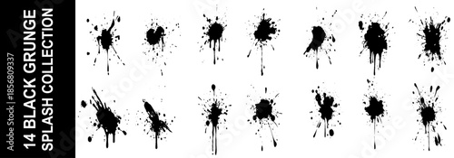 Drops and sprays of ink. Black paint splatters. Blotter spots, liquid paint drip drop splash and ink splatter. Artistic dirty grunge abstract spot vector set.