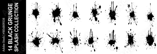 Drops and sprays of ink. Black paint splatters. Blotter spots, liquid paint drip drop splash and ink splatter. Artistic dirty grunge abstract spot vector set.