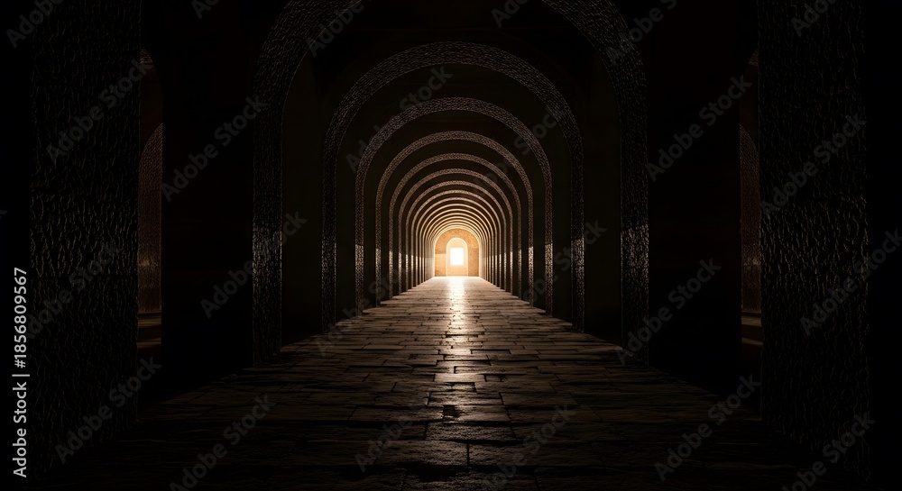 Obraz premium Long dark arched tunnel corridor with stone floor leading toward