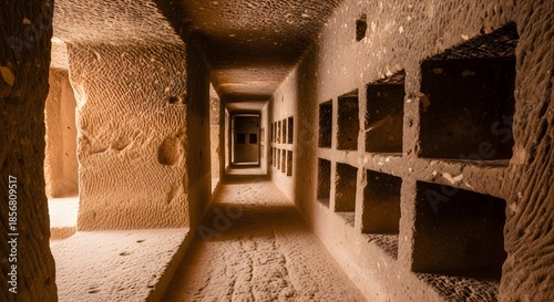 Long corridor with rock-cut niches inside the ancient Derinkuyu