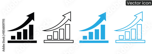 A set of vector icons depicting business growth with bar charts and arrows, symbolizing success and progress in finance and statistics.