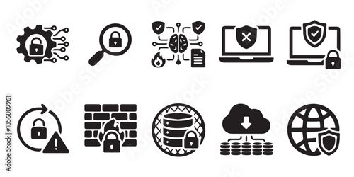 Cyber Security and Cloud Computing Icon Set - Data Privacy, Network Defense, and Tech Innovation