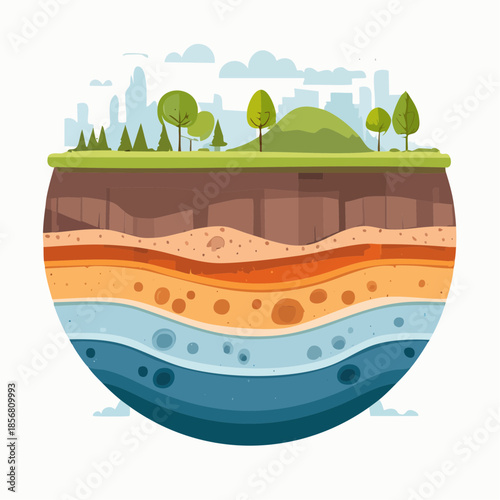 Illustration of a cross-section of geological deposits with layers of soil, rock, and water beneath a cityscape and trees on a green hill.