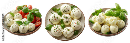 Set of fresh mozzarella cheese balls with basil and herbs on a white plate isolated on transparent or white background