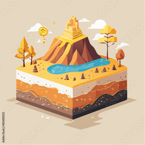 Isometric illustration of a geological deposit with layers of earth and a volcano on top, featuring a serene lake and trees, set against a clean beige background with a warm color palette.