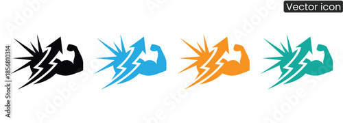 Vibrant flexed arm icons with lightning bolts in four colors, symbolizing strength and energy