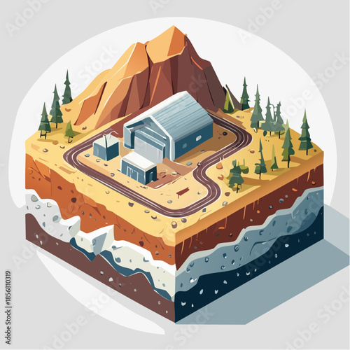 Isometric illustration of a mining operation with geological deposits, featuring a warehouse and railroad on a layered earth cross-section with a mountain backdrop.