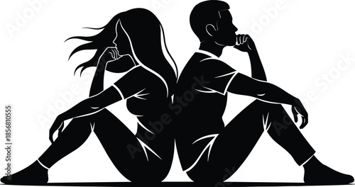 Flat vector silhouette people sitting back to back, emotional distance, reflection pose, black illustration, relationship tension, communication concept