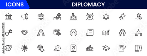The diplomacy outline icon set comprises spoken and written communication, leaders, diplomats, the international system, and foreign policy. 